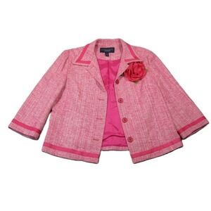 Catherine Stewart Silk Blazer Womens L Pink Tweed Rosette Brooch Classic Preppy
